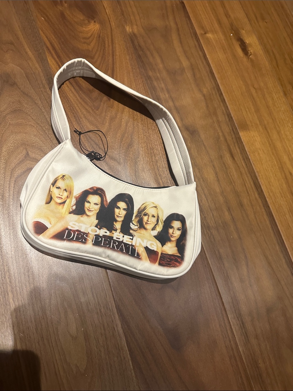 White Graphic Shoulder Bag - Stop Being Desperate Design